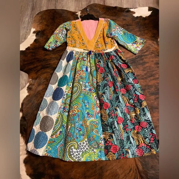 Kantha Bohemian Mixed-Print V-Neck Women’s Dress in Mustard & Teal - Picture 5 of 7